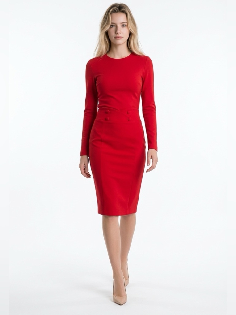 NWT NY & Co SZ 6 red midi pencil skirt w/rear 7” split/waist 30”-31”